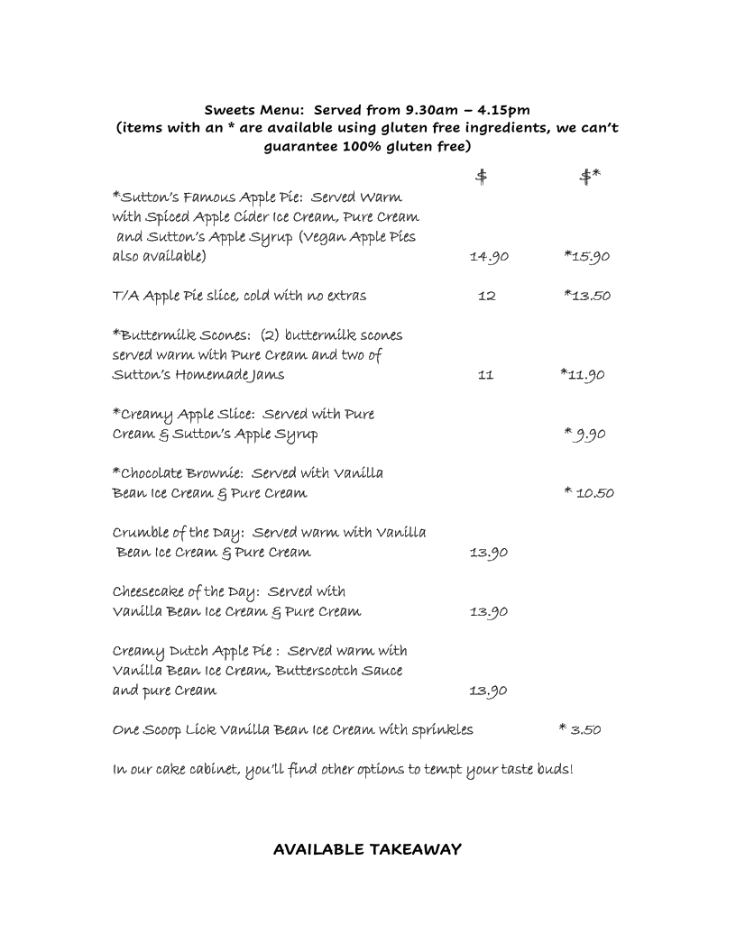 Menu, Suttons Juice Factory