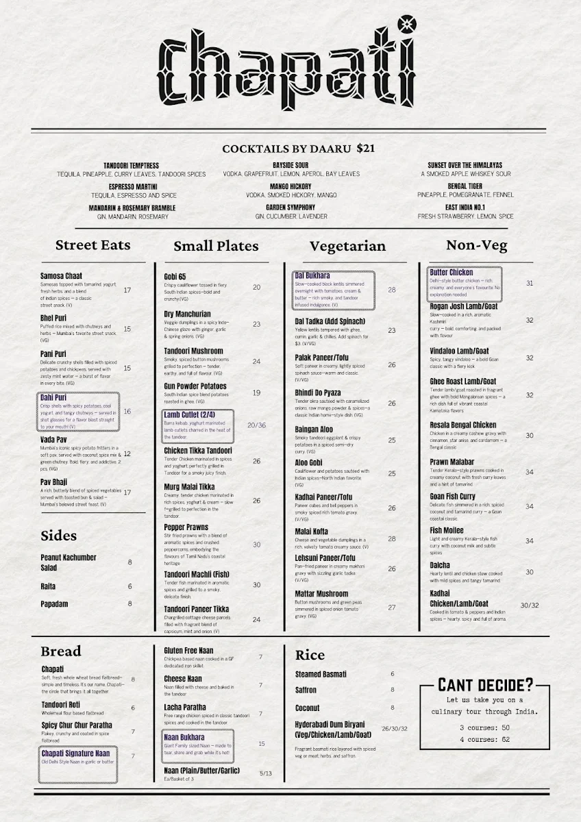 Menu, Chapati CBD