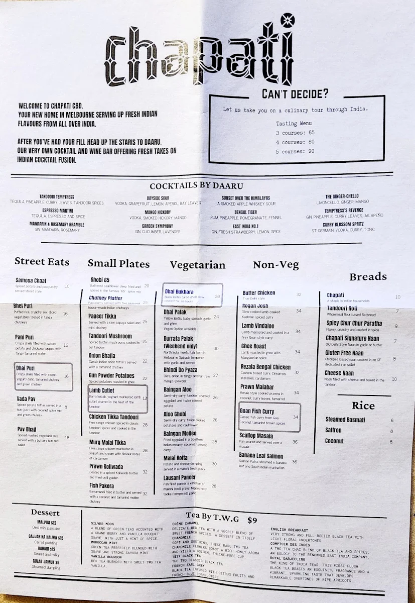 Menu, Chapati CBD