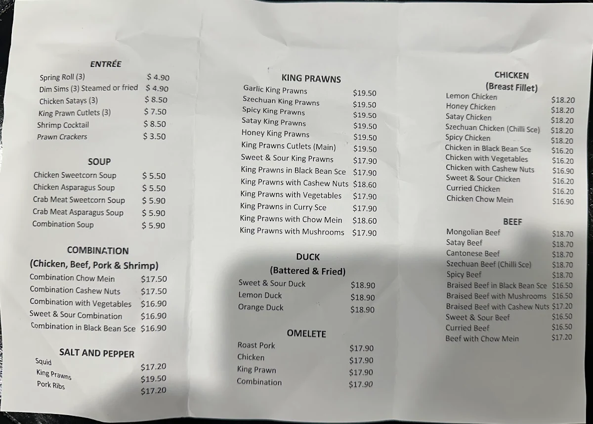 Menu, Emerald Takeaway