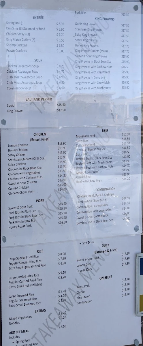 Menu, Emerald Takeaway