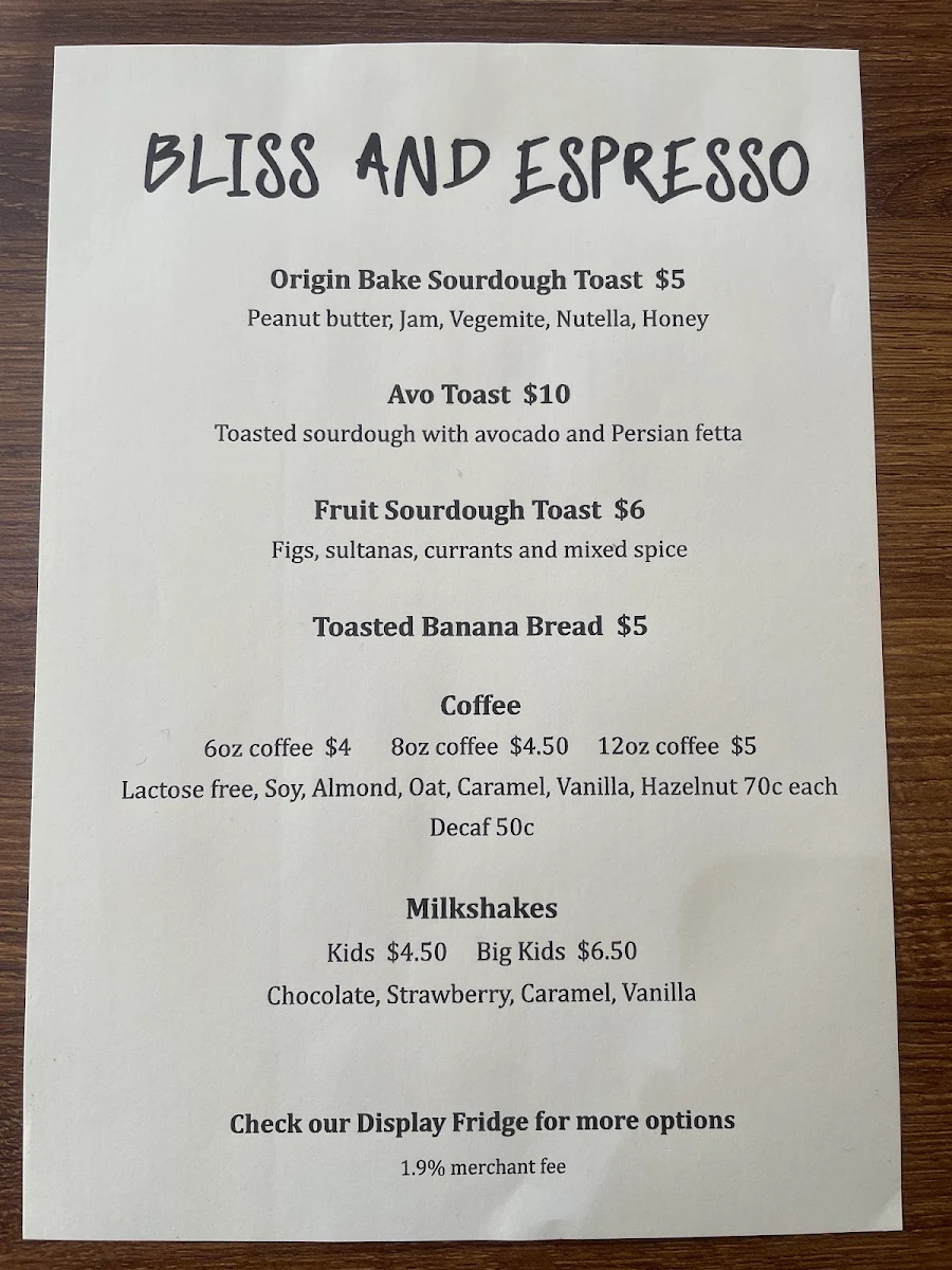 Menu, Bliss and Espresso