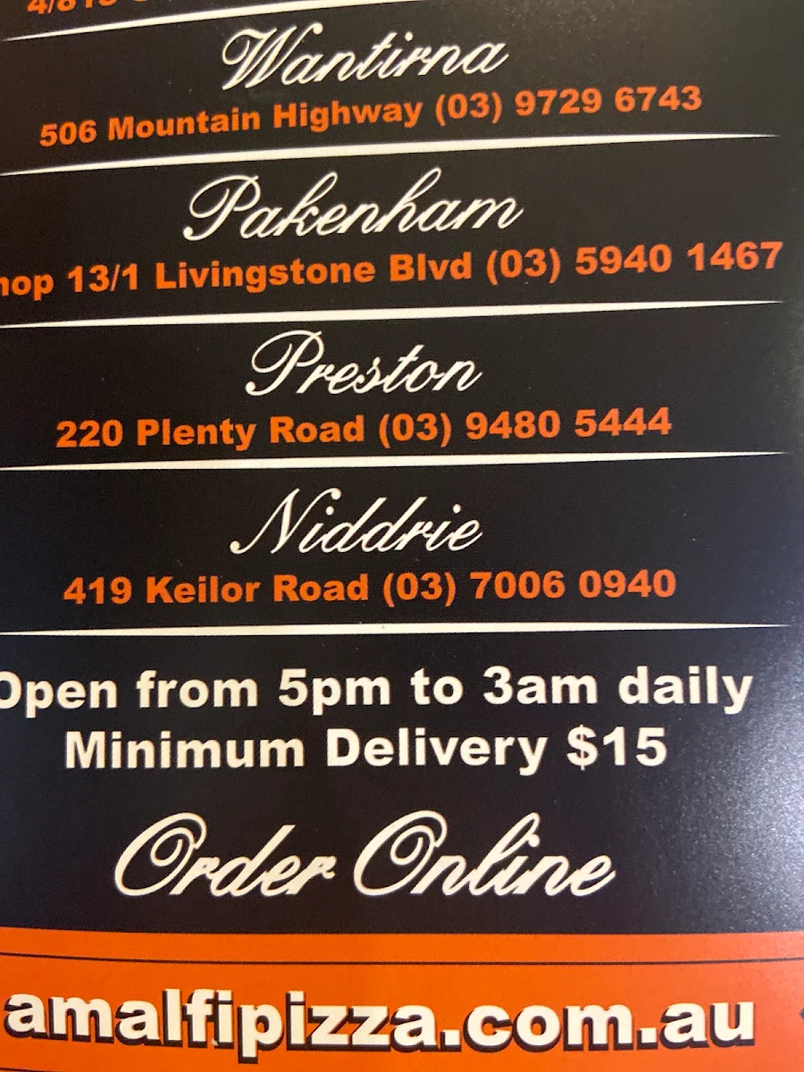 Menu, Amalfi Pizza & Pasta Hawthorn