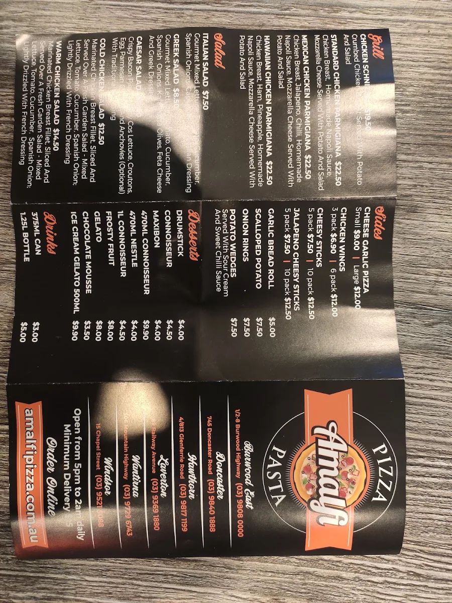 Menu, Amalfi Pizza & Pasta Hawthorn