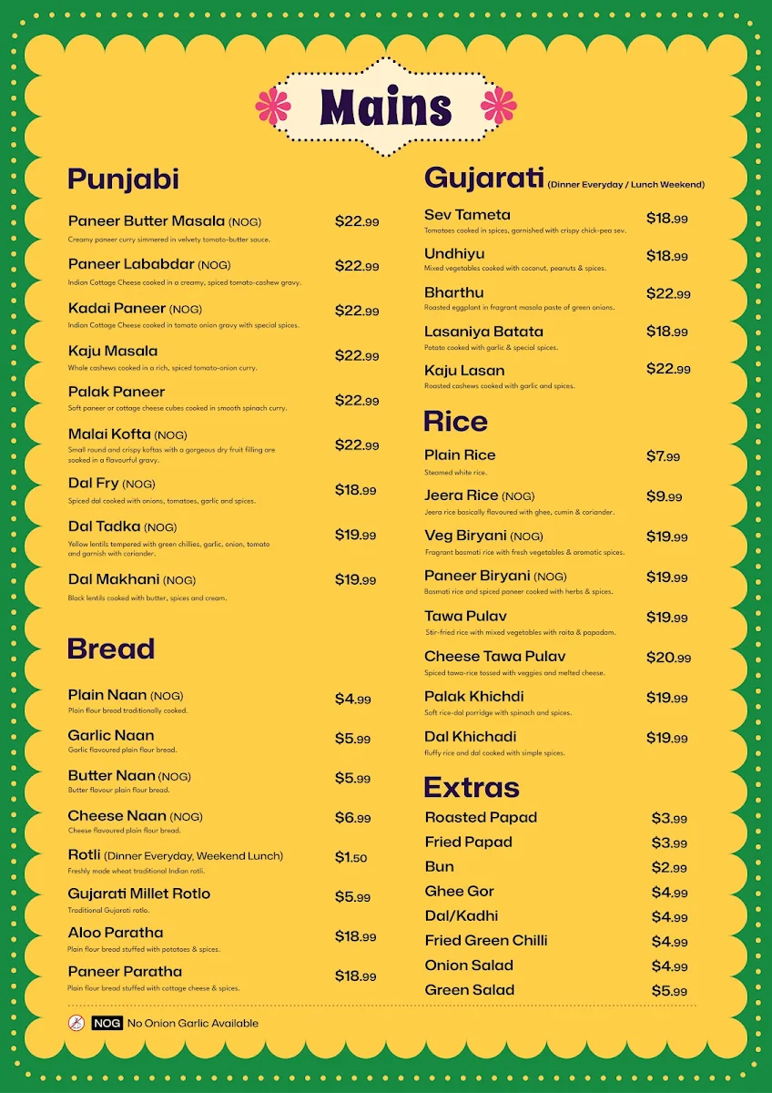 Menu, Vatan - The Taste of Gujarat