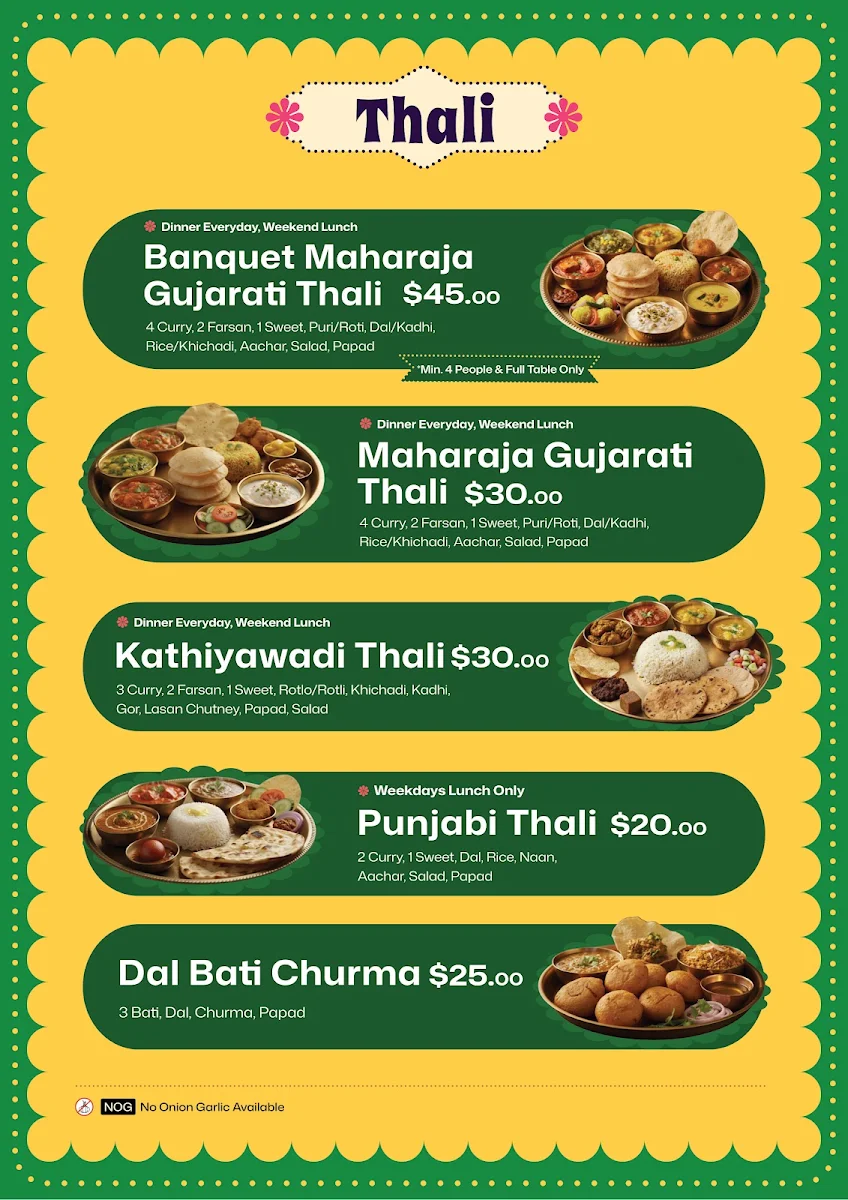 Menu, Vatan - The Taste of Gujarat