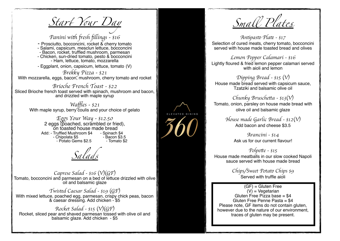 Menu, 360 On The Hill