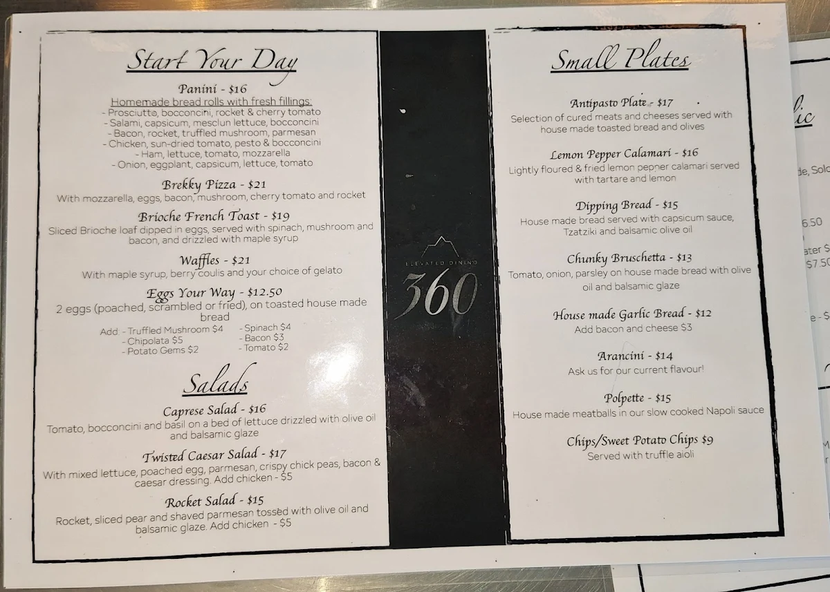 Menu, 360 On The Hill