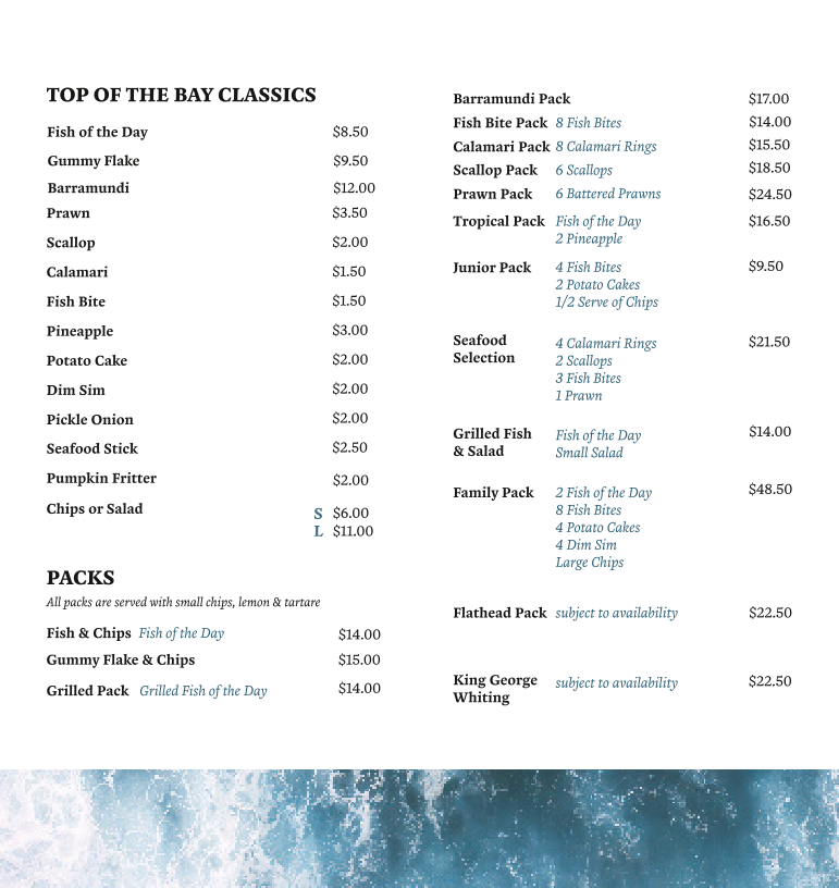 Menu, Top of The Bay Fish & Chips Williamstown Takeaway