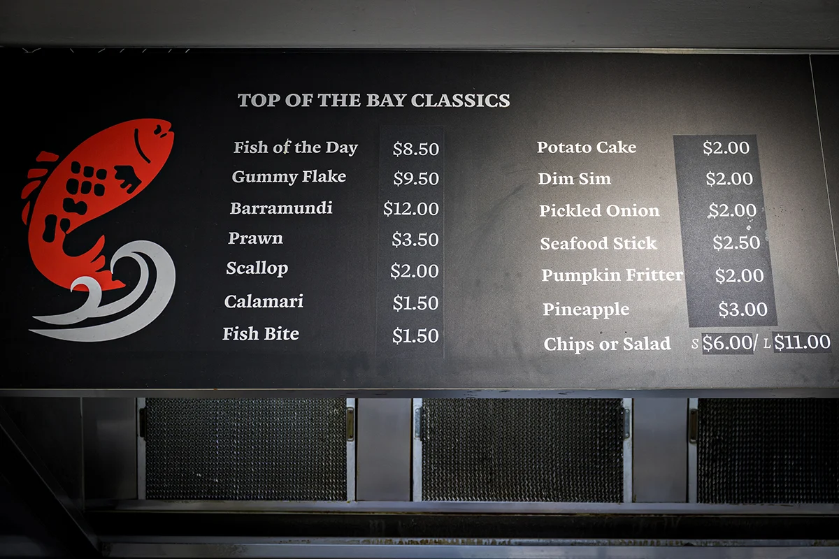 Menu, Top of The Bay Fish & Chips Williamstown Takeaway