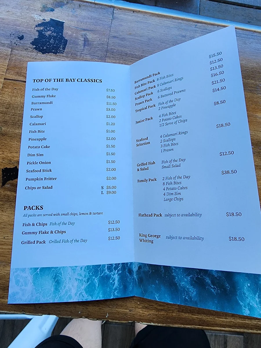 Menu, Top of The Bay Fish & Chips Williamstown Takeaway