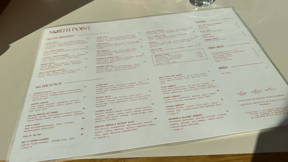 Menu, North Point Brighton