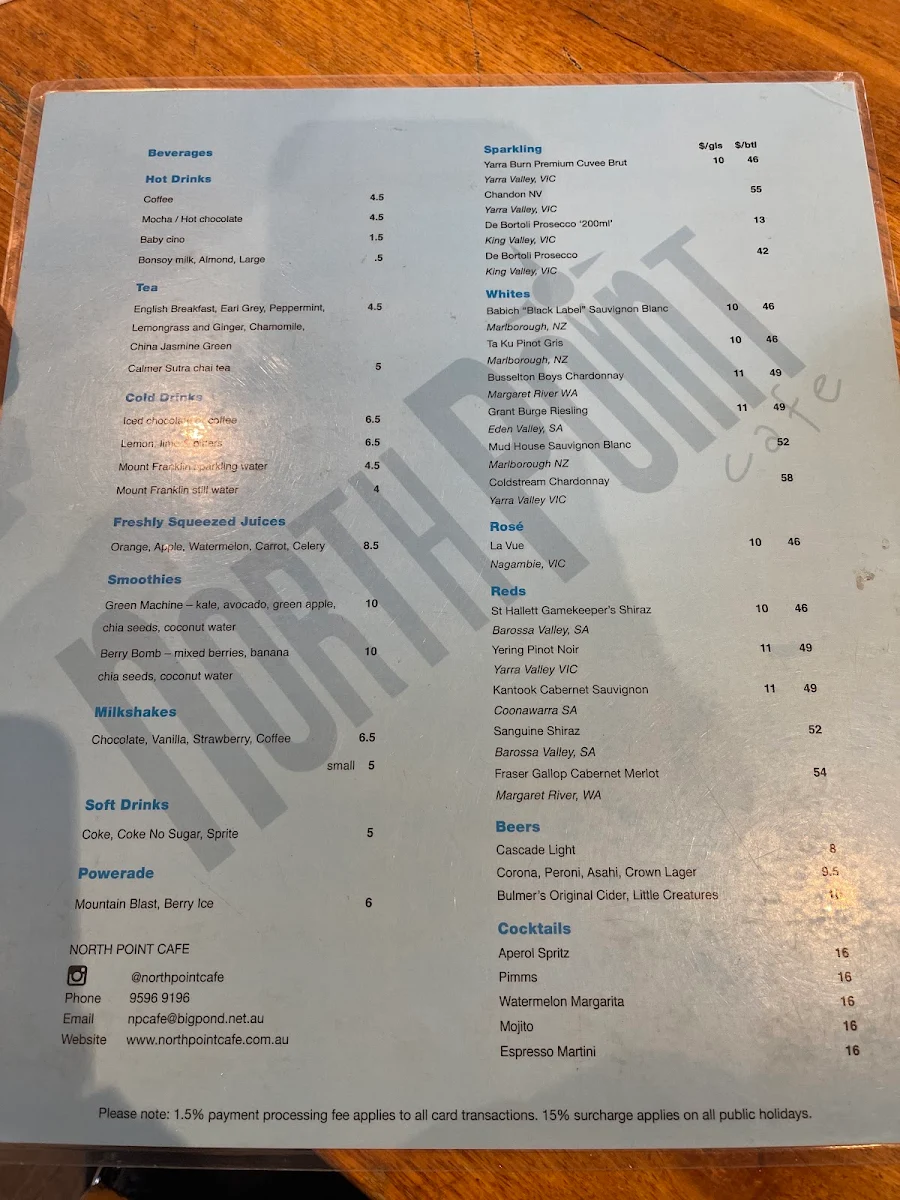 Menu, North Point Brighton