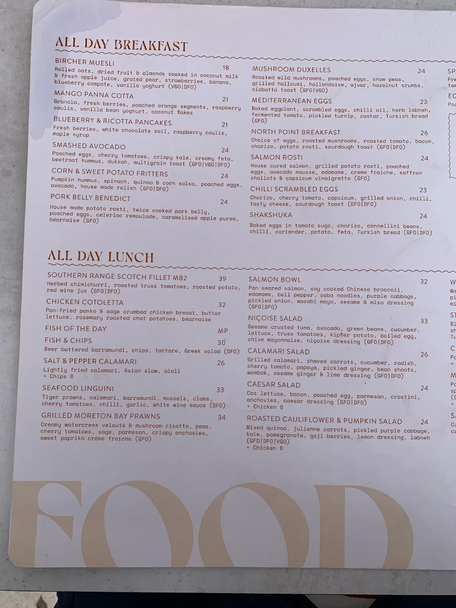 Menu, North Point Brighton
