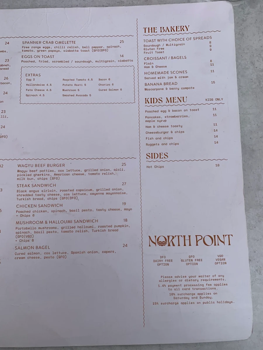 Menu, North Point Brighton