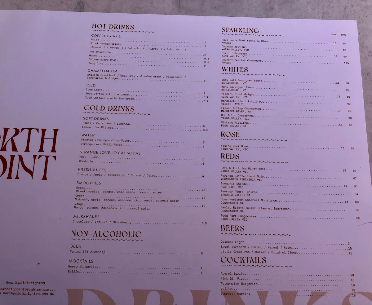 Menu, North Point Brighton