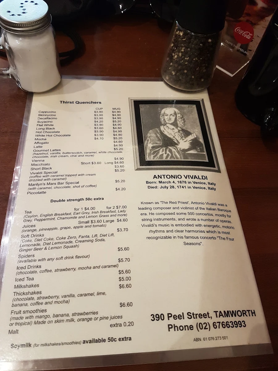 Menu, Cafe Vivaldi