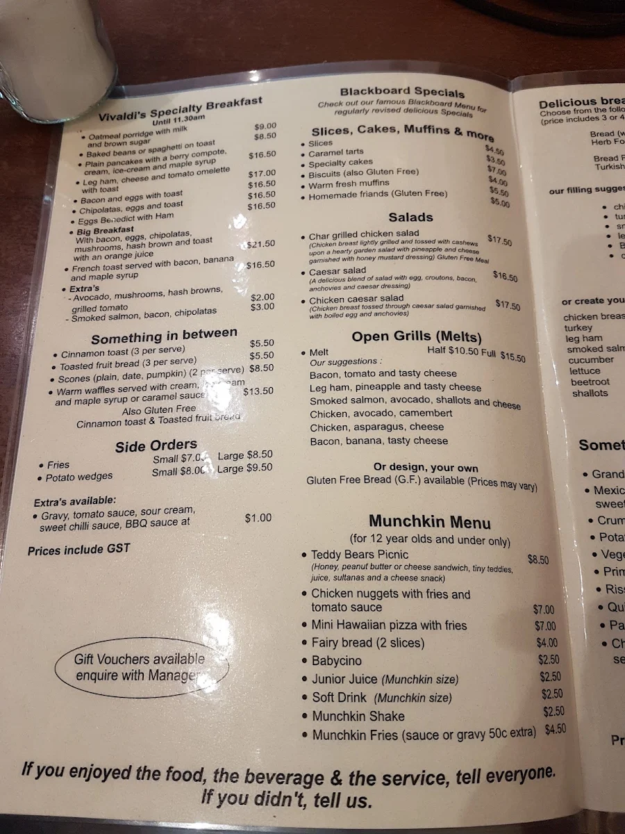 Menu, Cafe Vivaldi