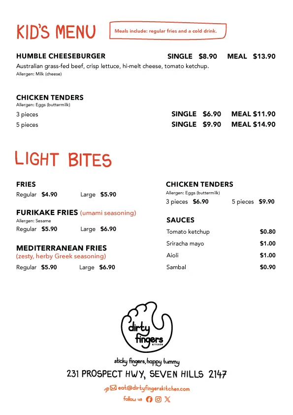 Menu, Dirty Fingers Kitchen