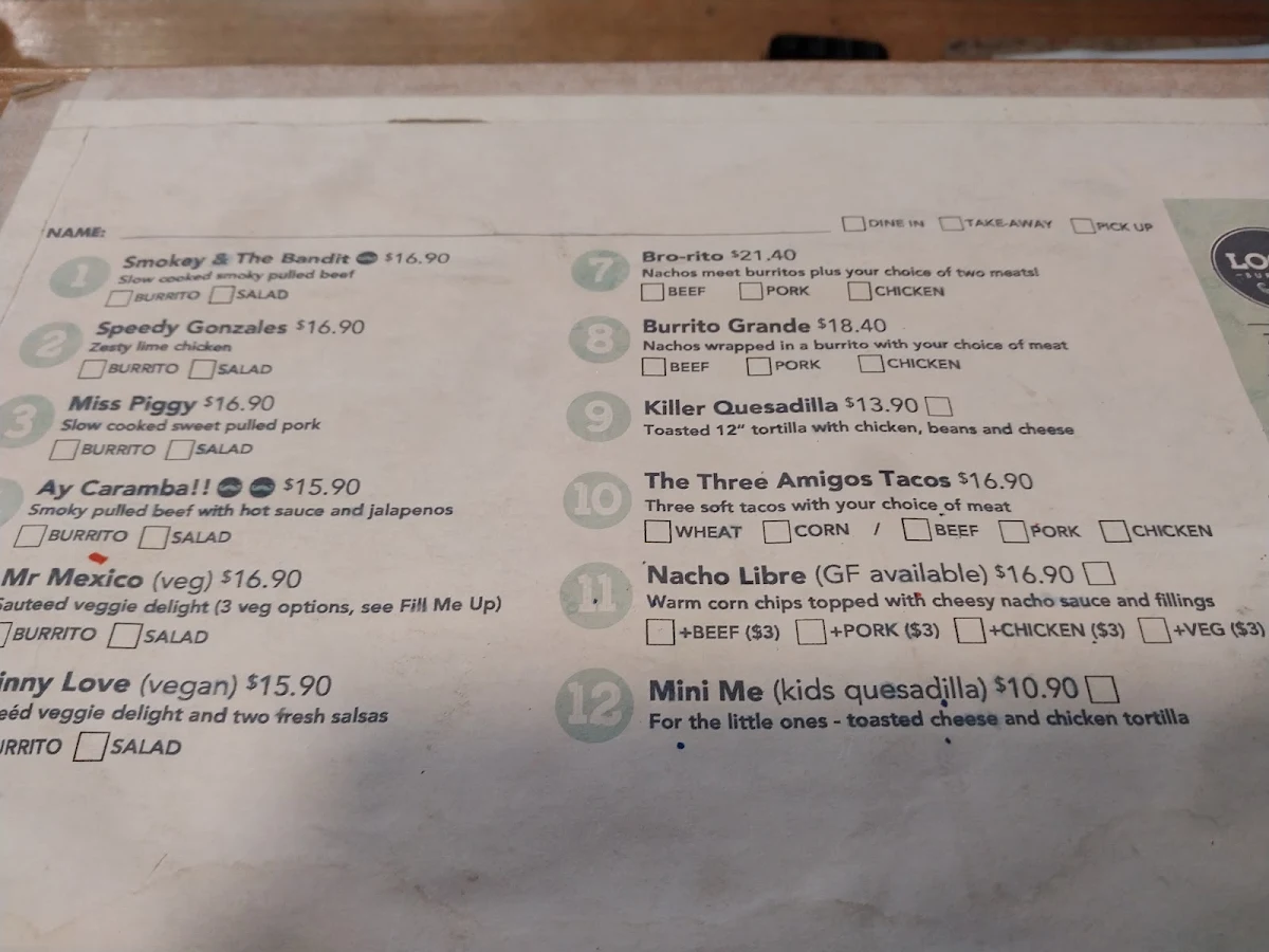 Menu, Loco Burrito