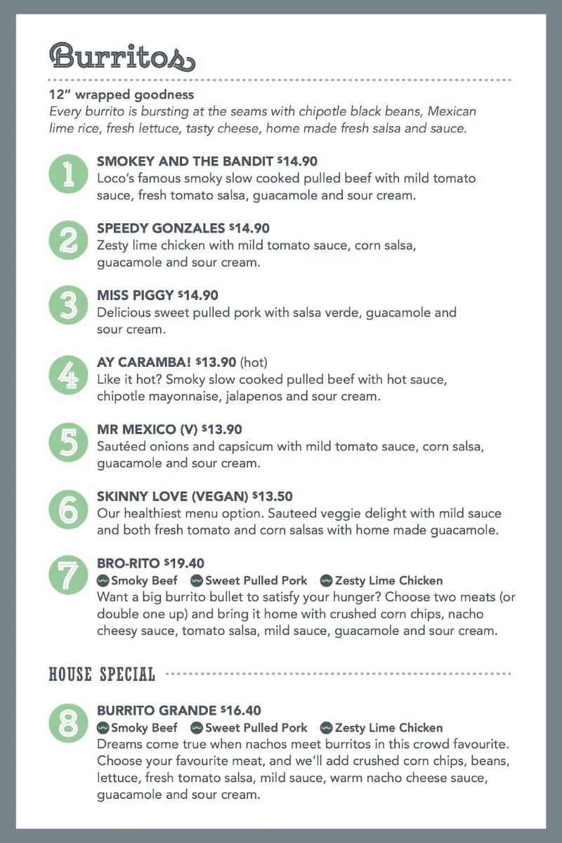 Menu, Loco Burrito