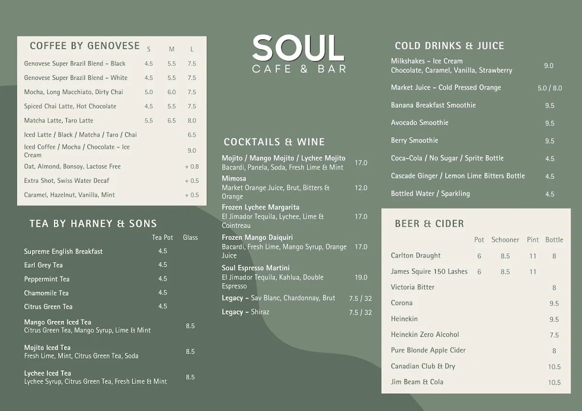 Menu, Soul Cafe & Bar