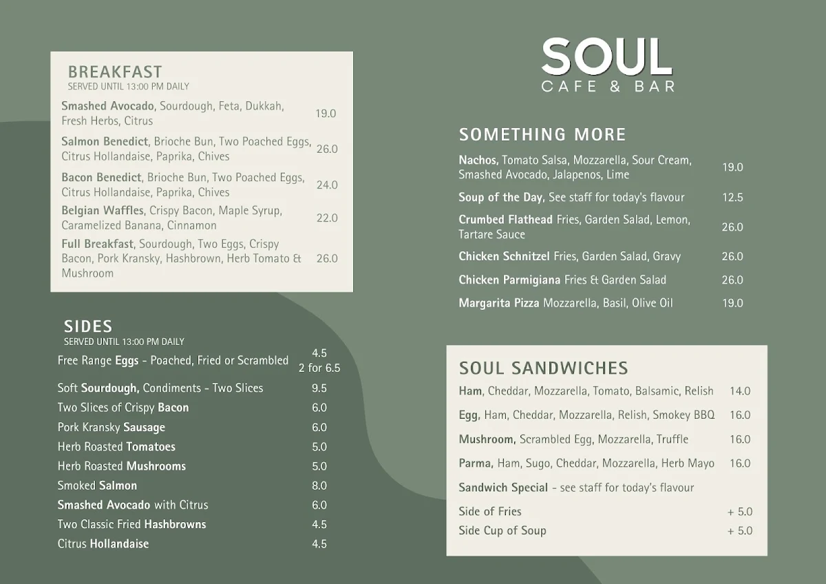 Menu, Soul Cafe & Bar