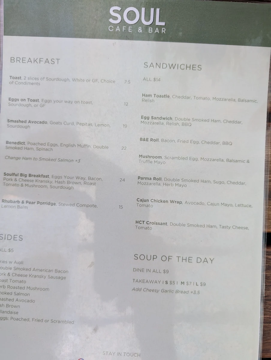 Menu, Soul Cafe & Bar