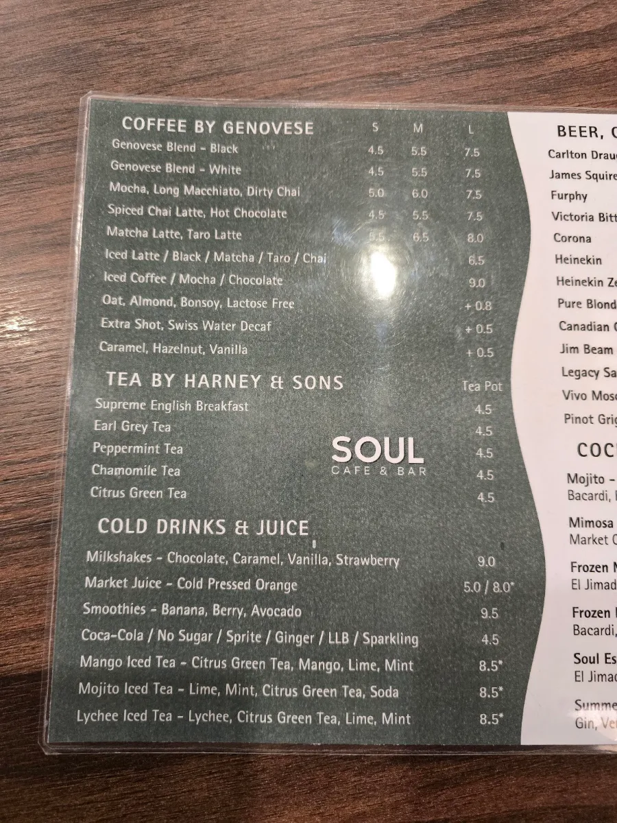 Menu, Soul Cafe & Bar