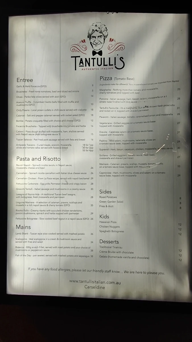 Menu, Tantulli’s Italian Carseldine