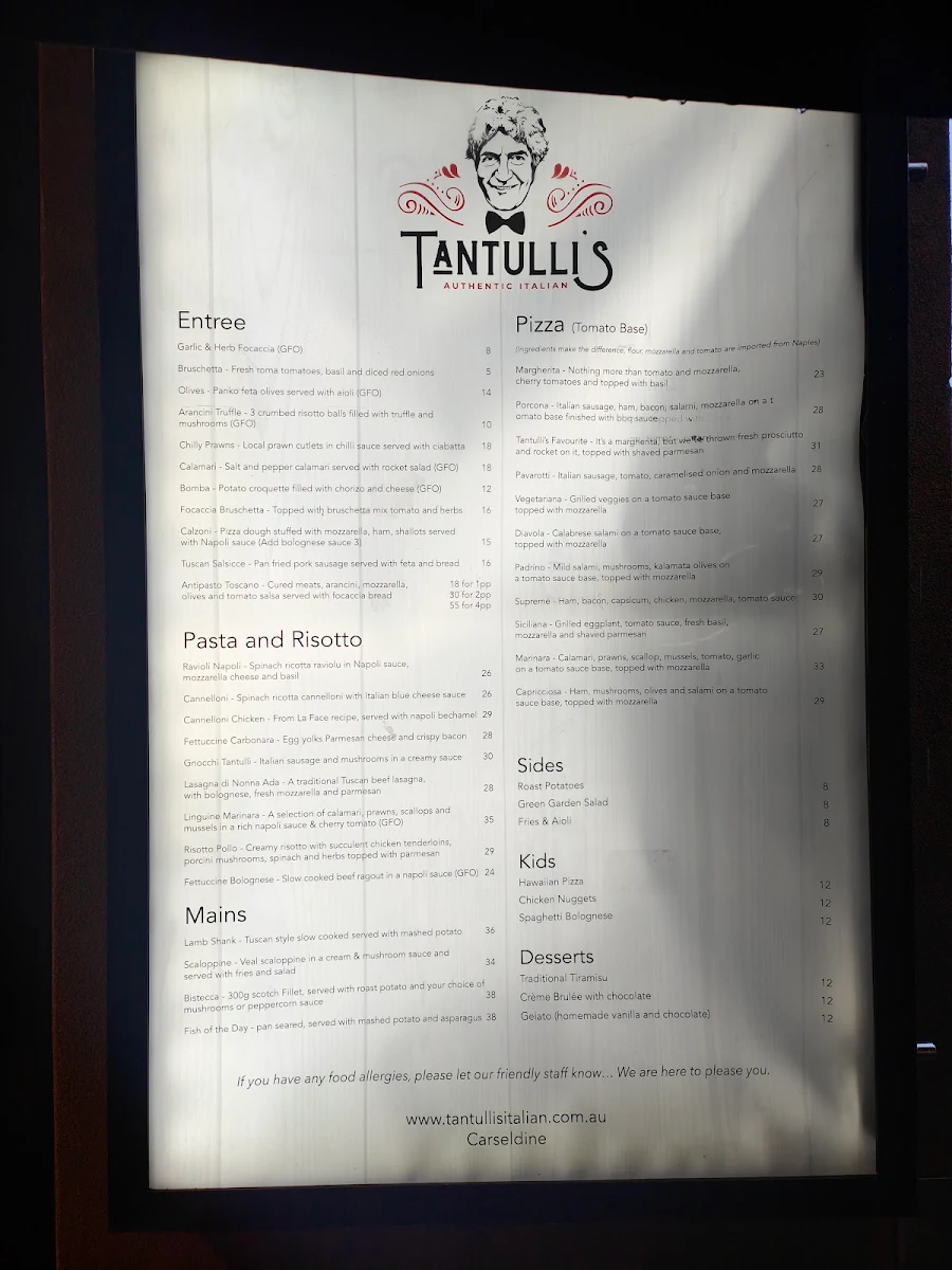 Menu, Tantulli’s Italian Carseldine