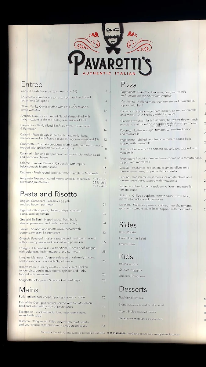 Menu, Tantulli’s Italian Carseldine