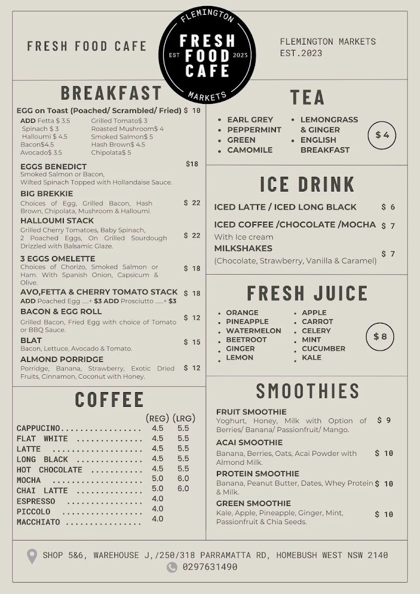 Menu, Fresh Food Cafe Homebush West
