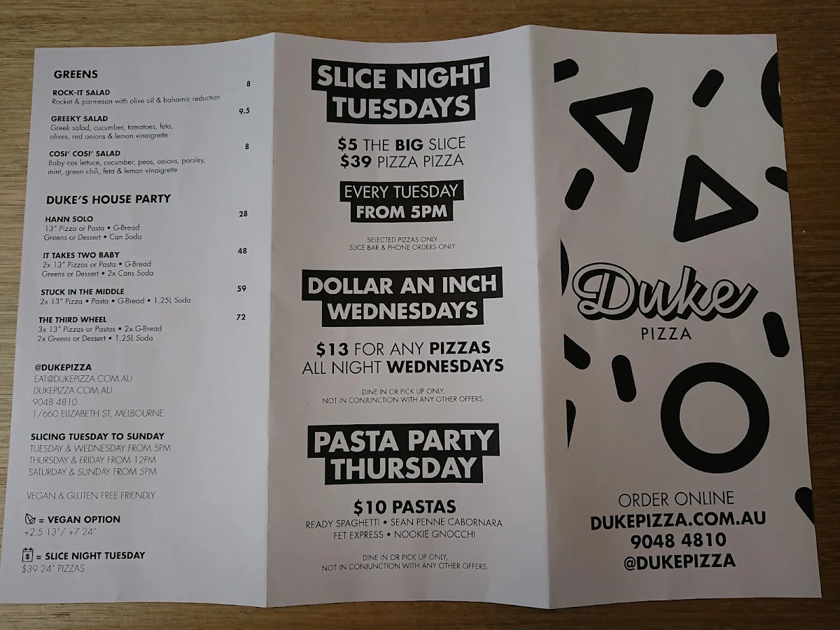 Menu, Duke Pizza