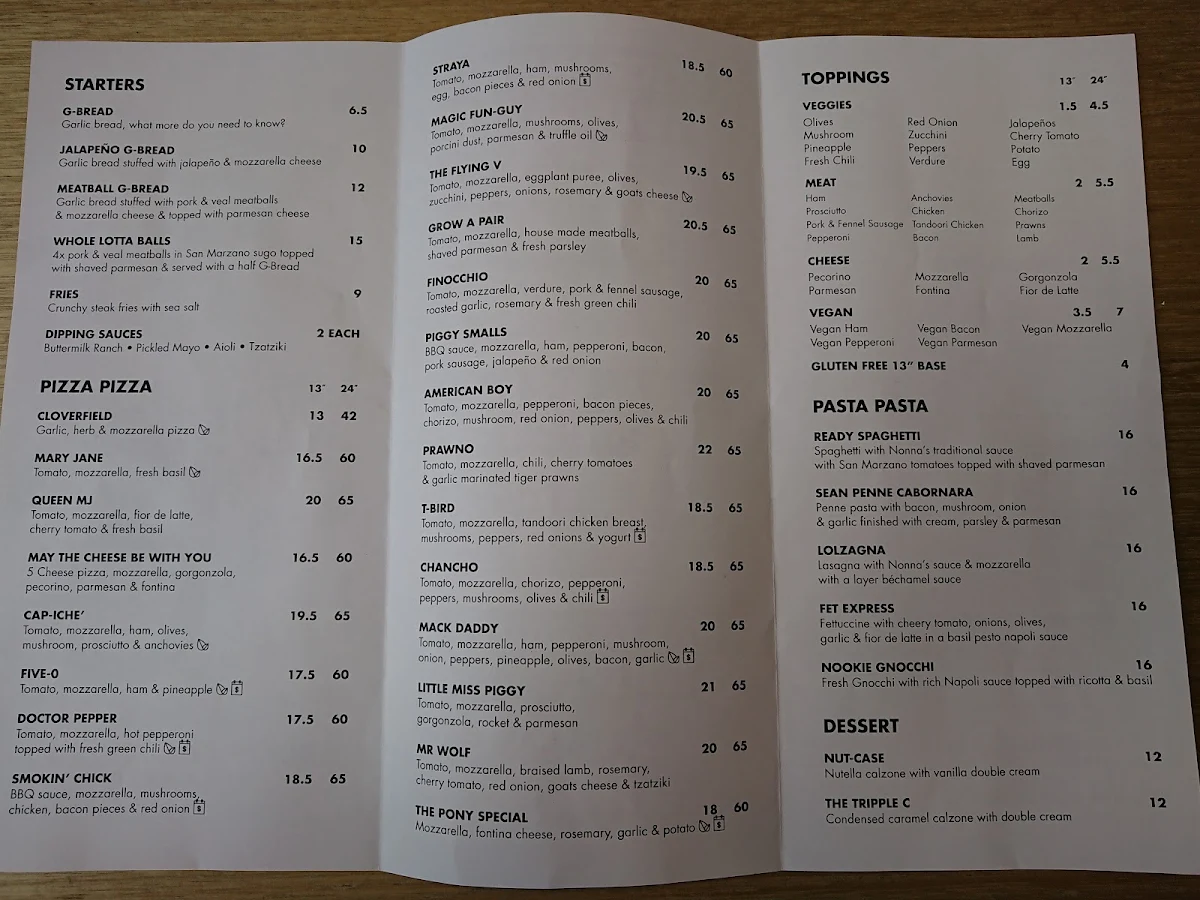 Menu, Duke Pizza