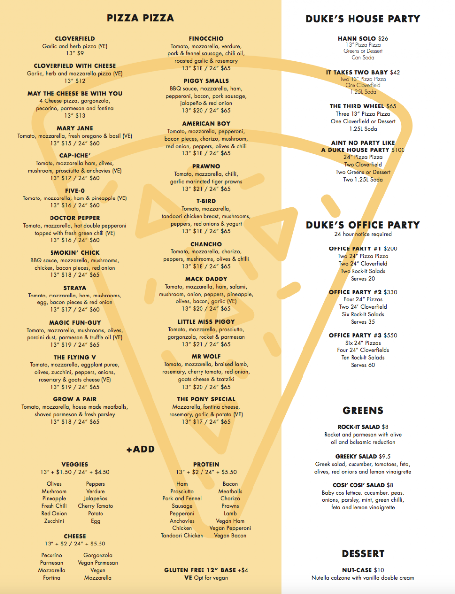 Menu, Duke Pizza