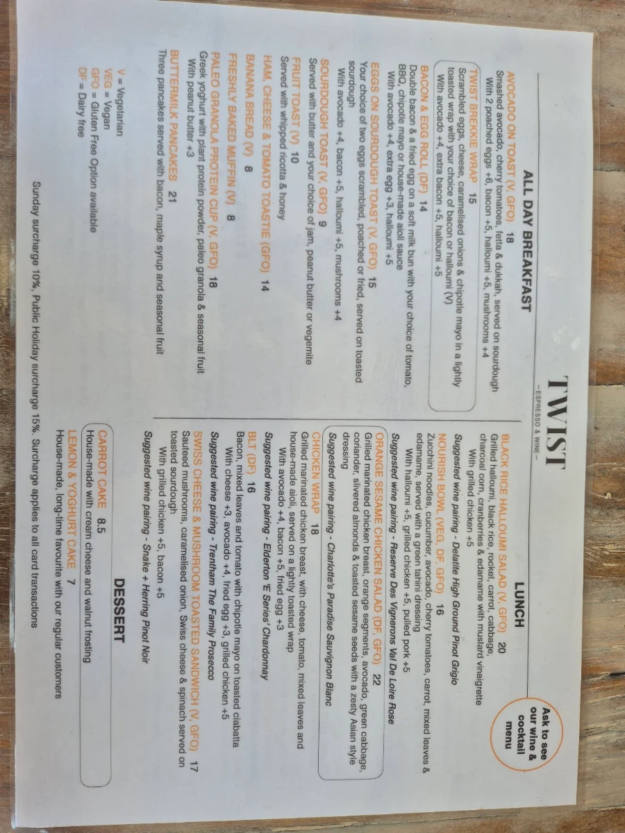 Menu, Twist Espresso & Wine