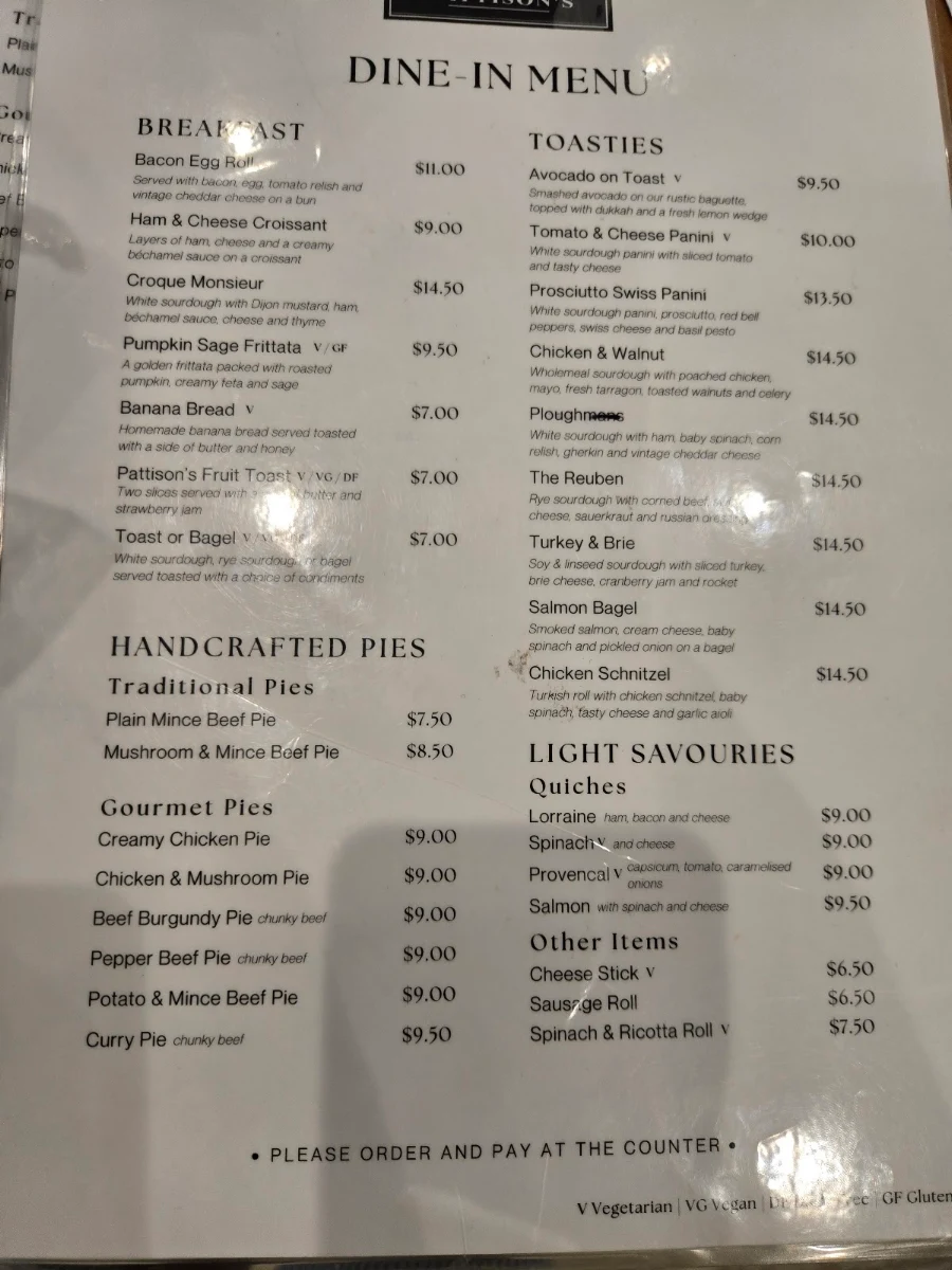Menu, Pattison’s Patisserie