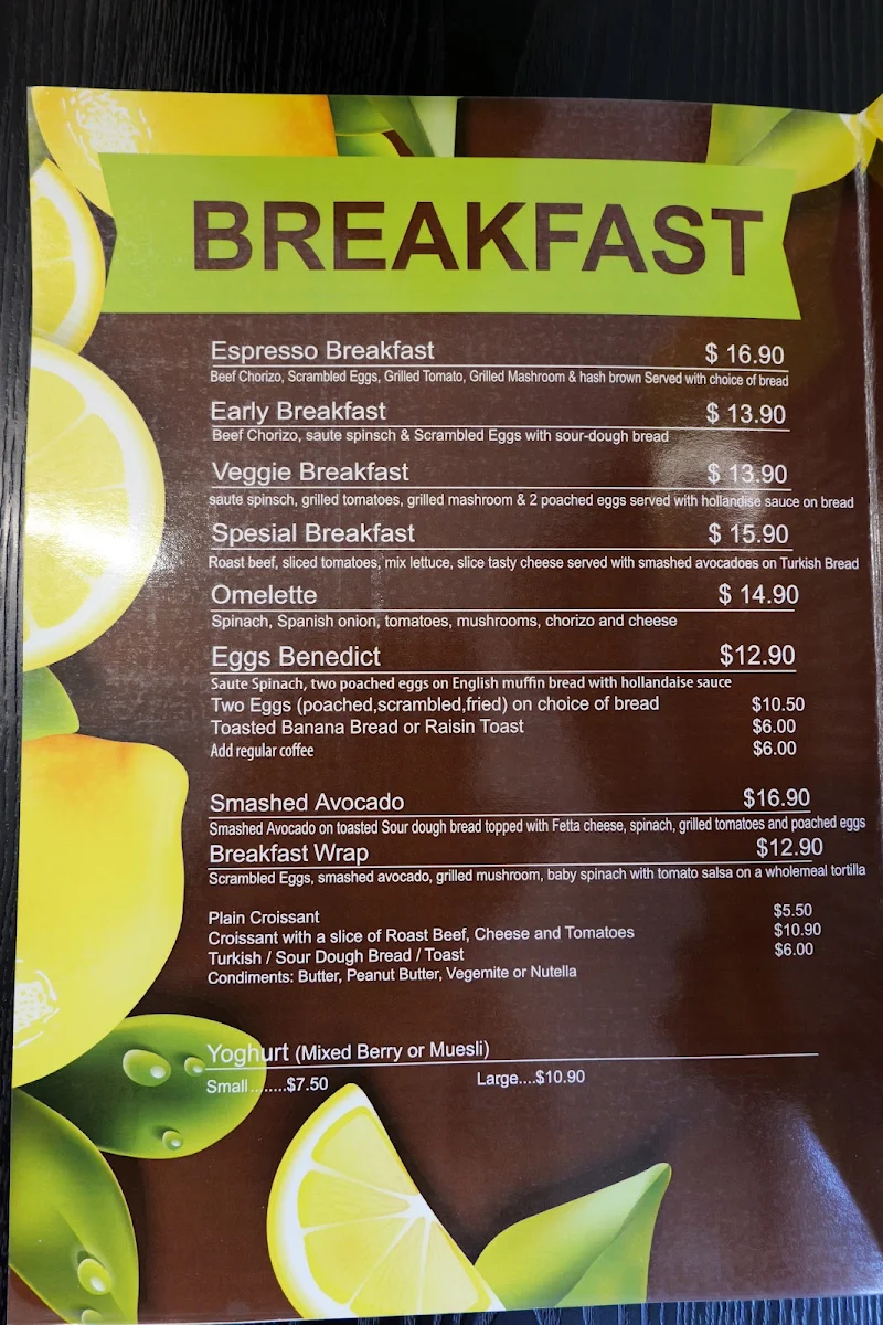 Menu, Espresso Cafe and Restaurant