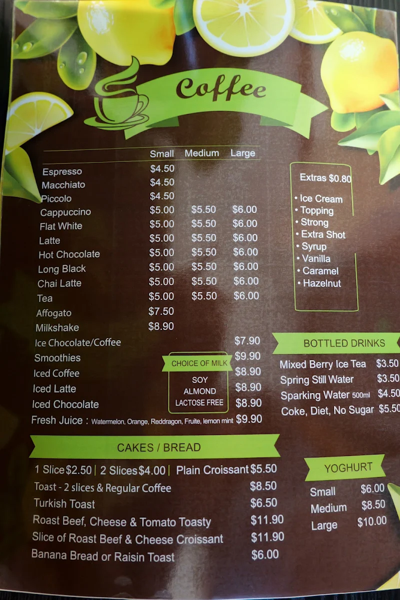 Menu, Espresso Cafe and Restaurant