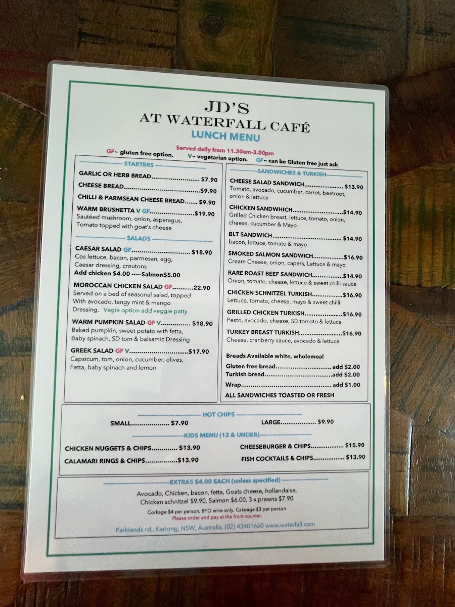 Menu, Waterfall Cafe