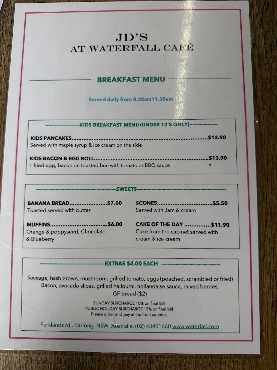 Menu, Waterfall Cafe