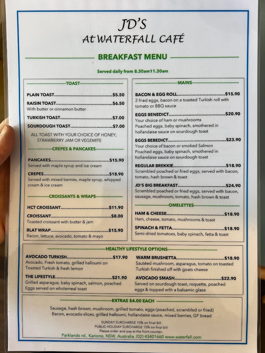 Menu, Waterfall Cafe