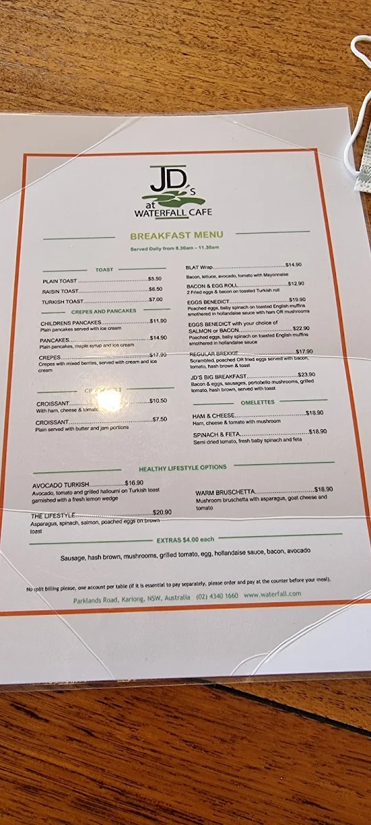 Menu, Waterfall Cafe
