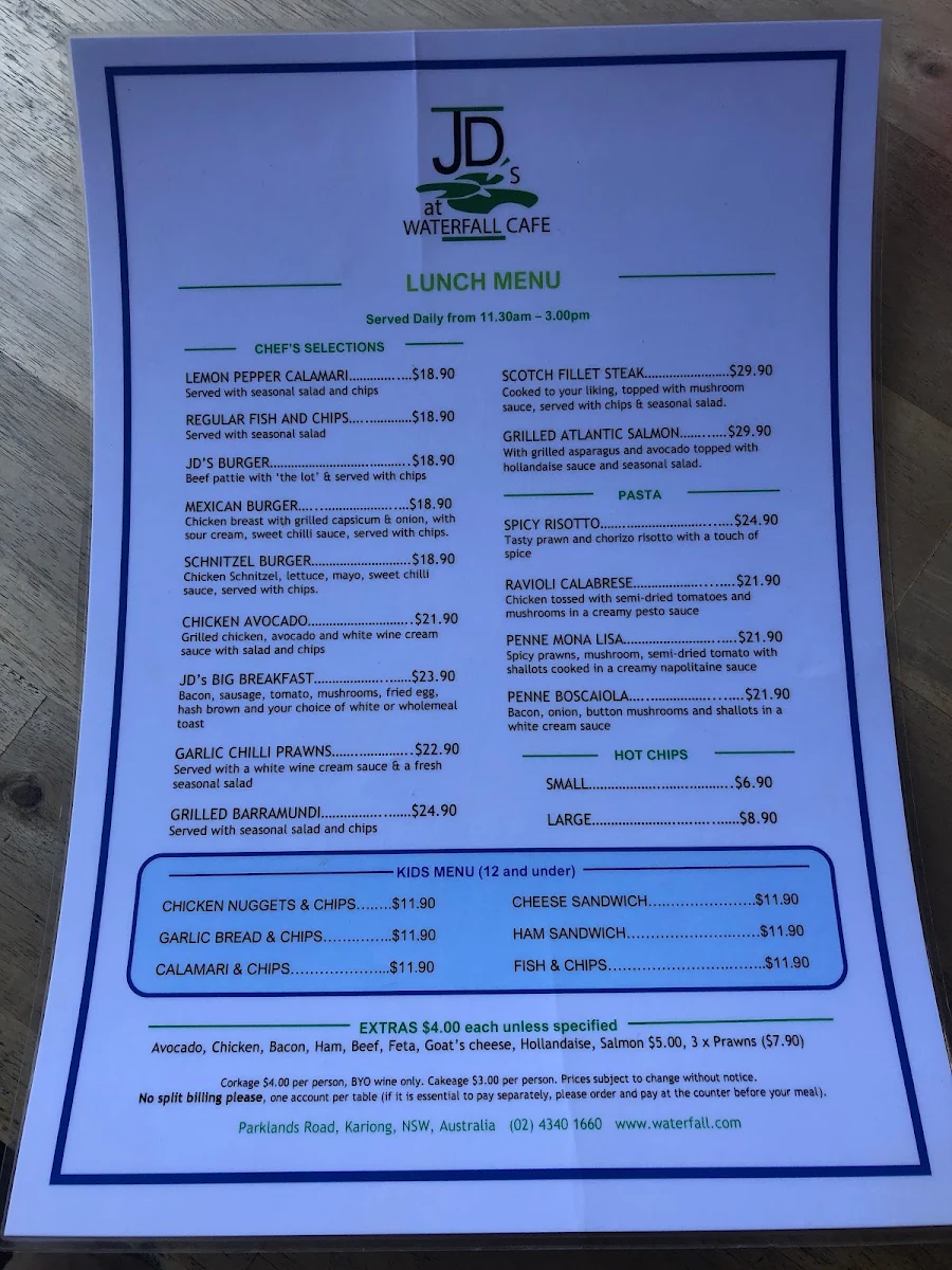 Menu, Waterfall Cafe