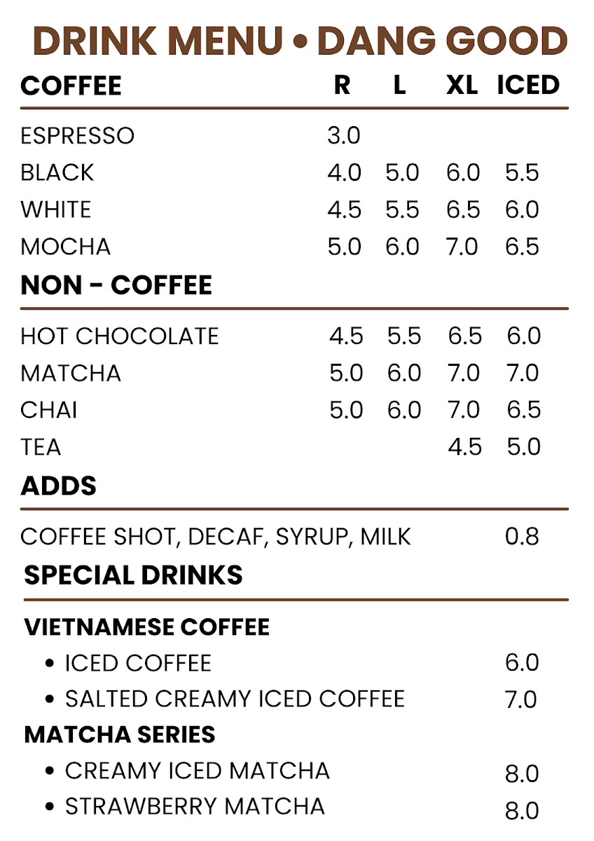 Menu, Dang Good Cafe