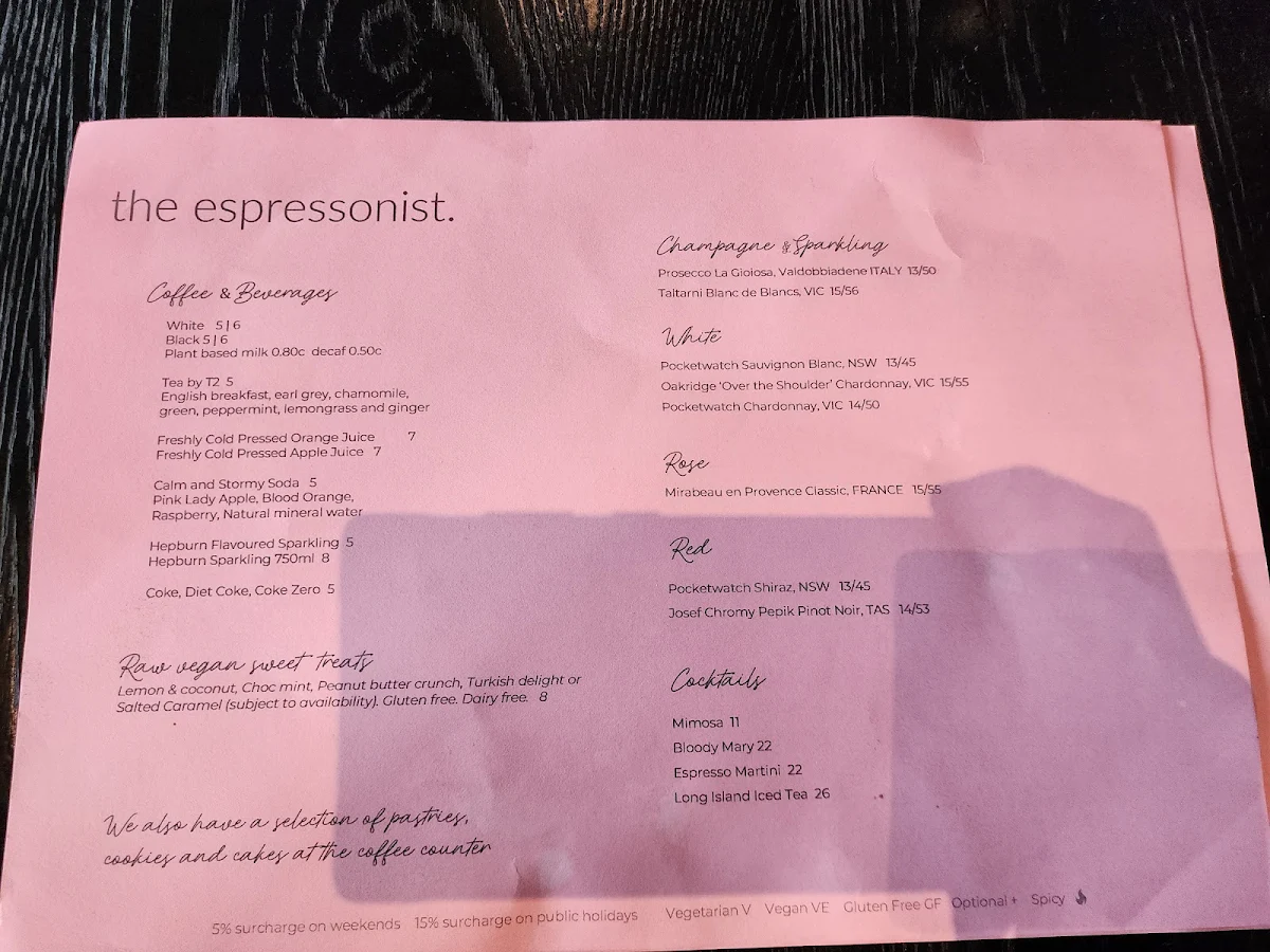 Menu, The Espressonist