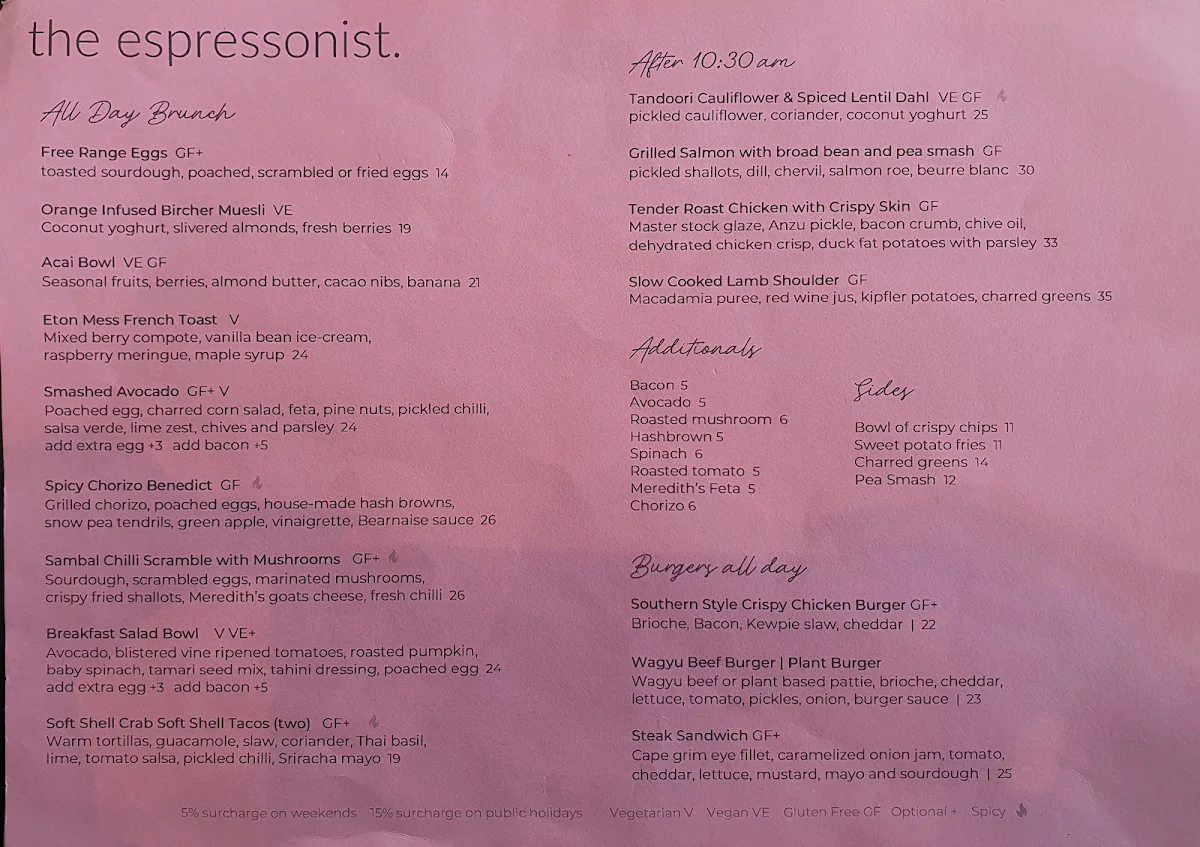 Menu, The Espressonist