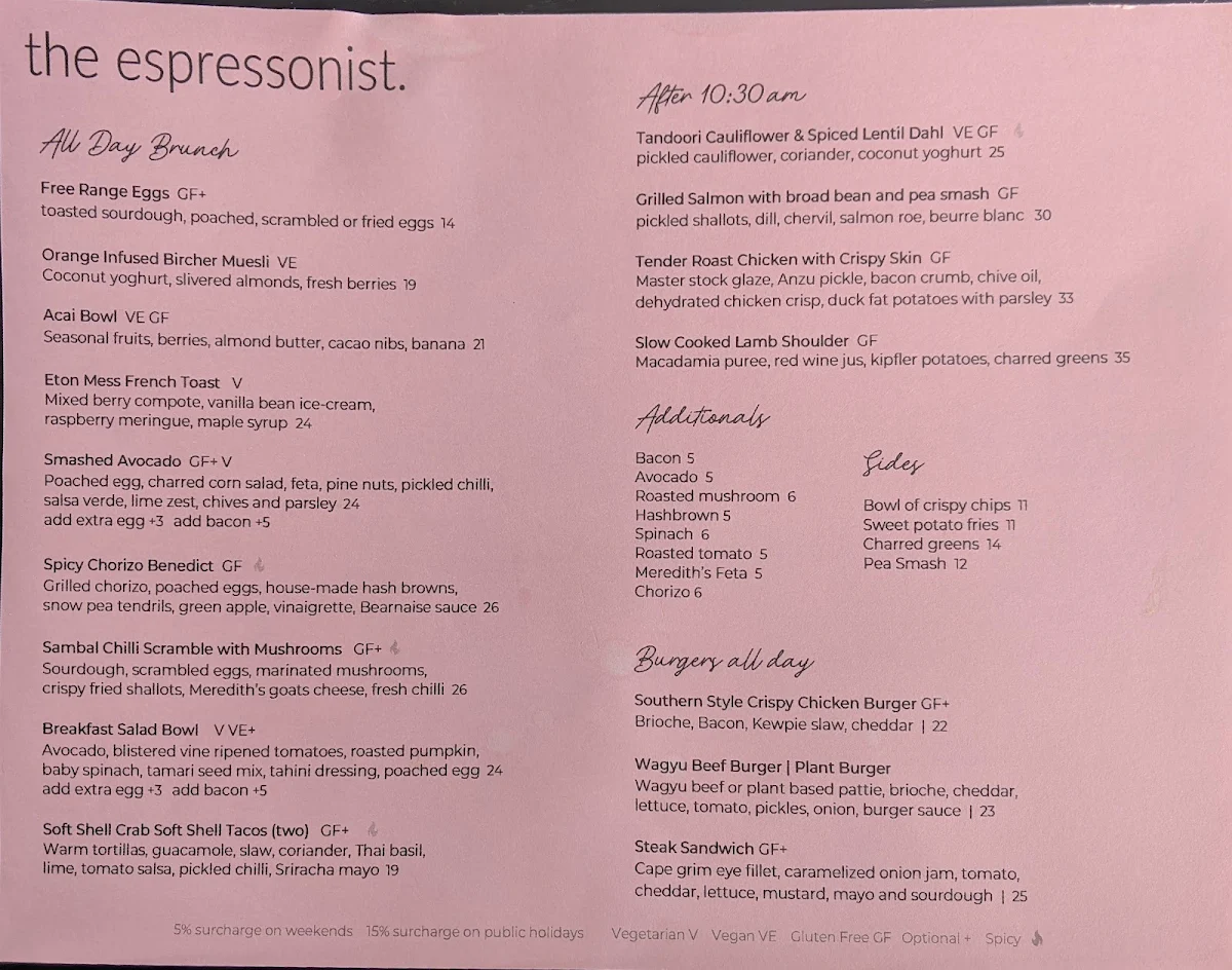 Menu, The Espressonist