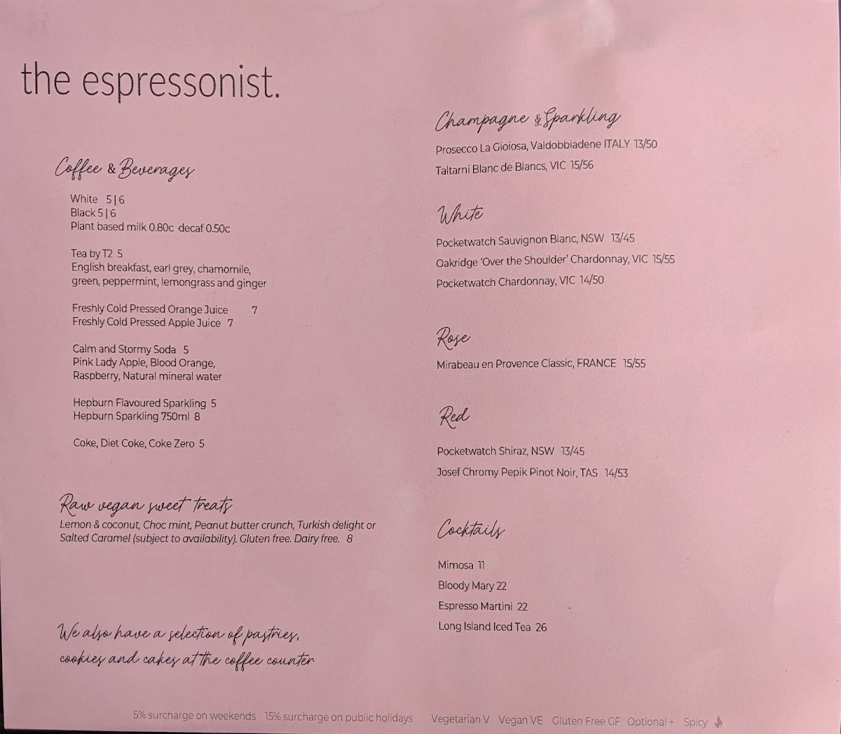 Menu, The Espressonist